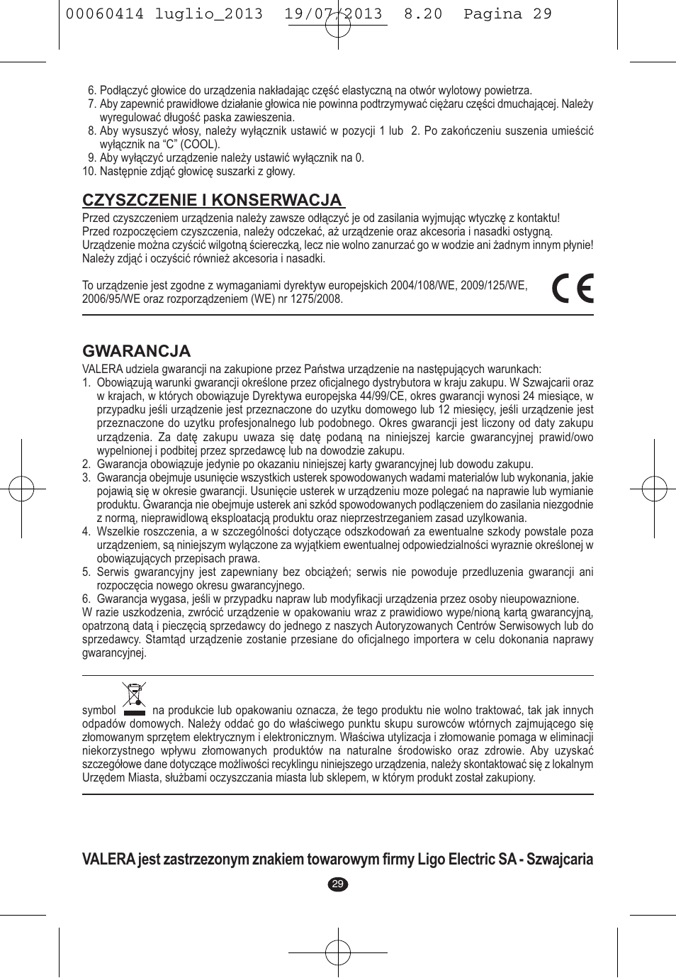 Czyszczenie i konserwacja, Gwarancja | VALERA IONIC COMFORT User Manual | Page 29 / 60