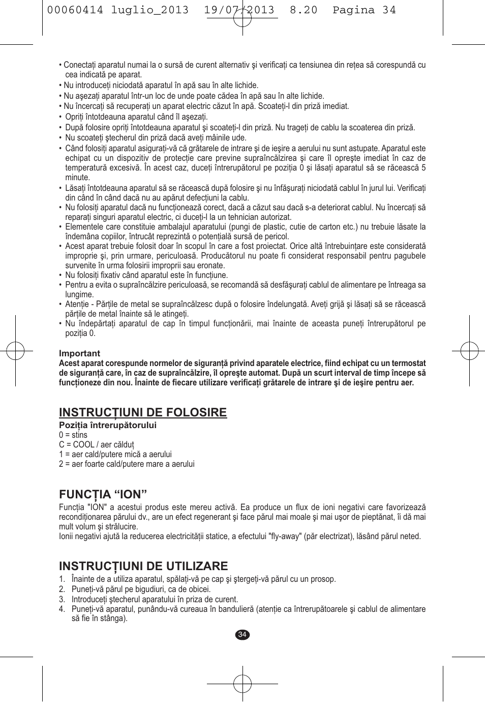Instrucţiuni de folosire, Funcţia “ion, Instrucţiuni de utilizare | VALERA IONIC COMFORT User Manual | Page 34 / 60