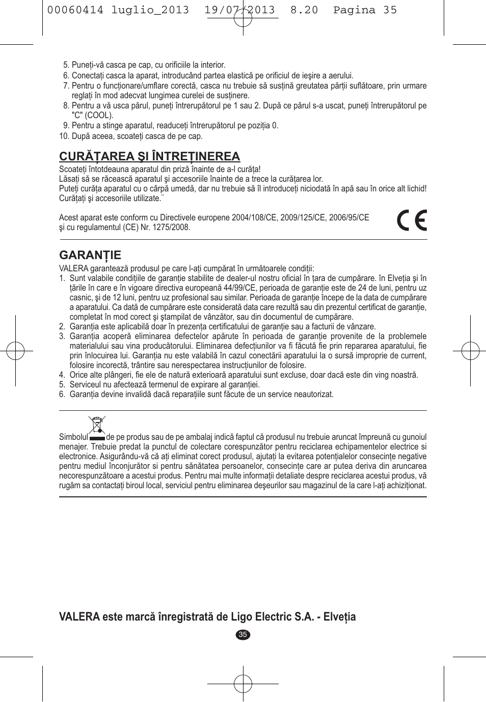 Curăţarea şi întreţinerea, Garanţie | VALERA IONIC COMFORT User Manual | Page 35 / 60