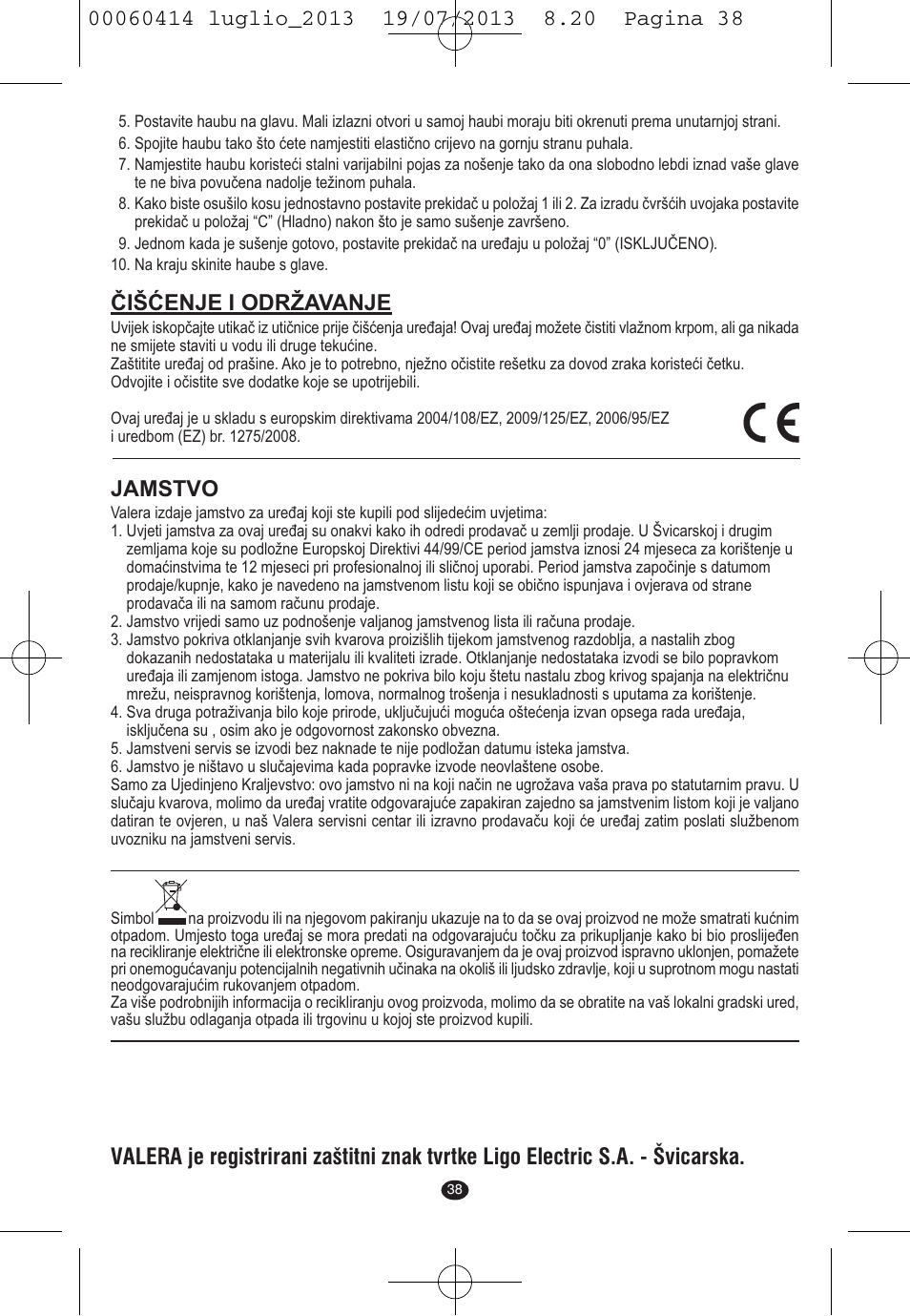 Čišćenje i održavanje, Jamstvo | VALERA IONIC COMFORT User Manual | Page 38 / 60