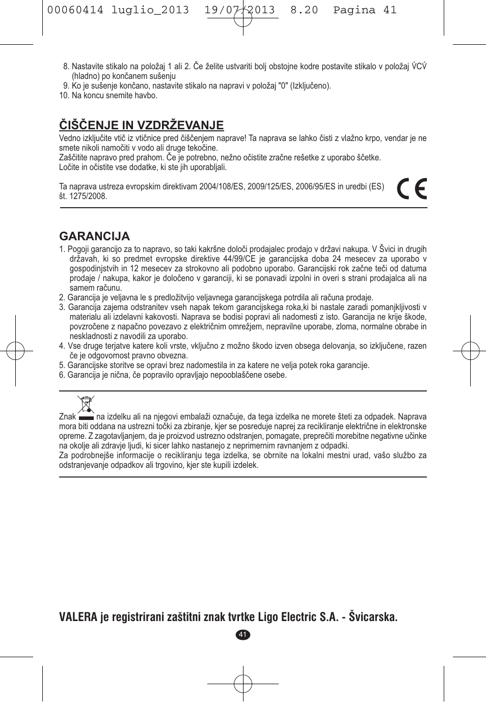 Čiščenje in vzdrževanje, Garancija | VALERA IONIC COMFORT User Manual | Page 41 / 60
