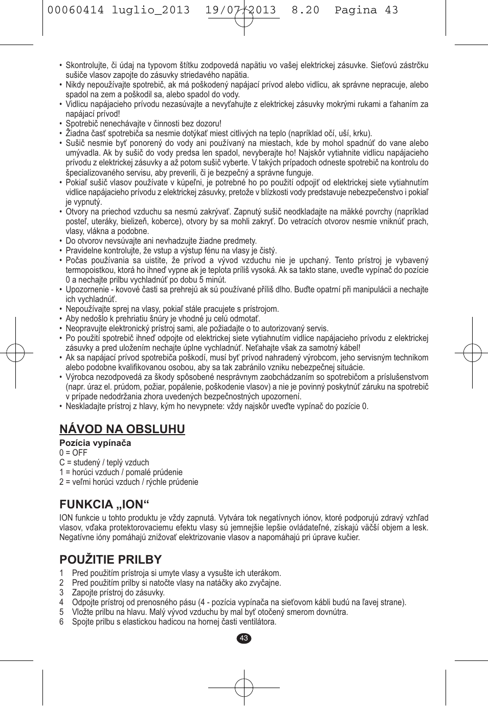 Návod na obsluhu, Funkcia „ion, Použitie prilby | VALERA IONIC COMFORT User Manual | Page 43 / 60