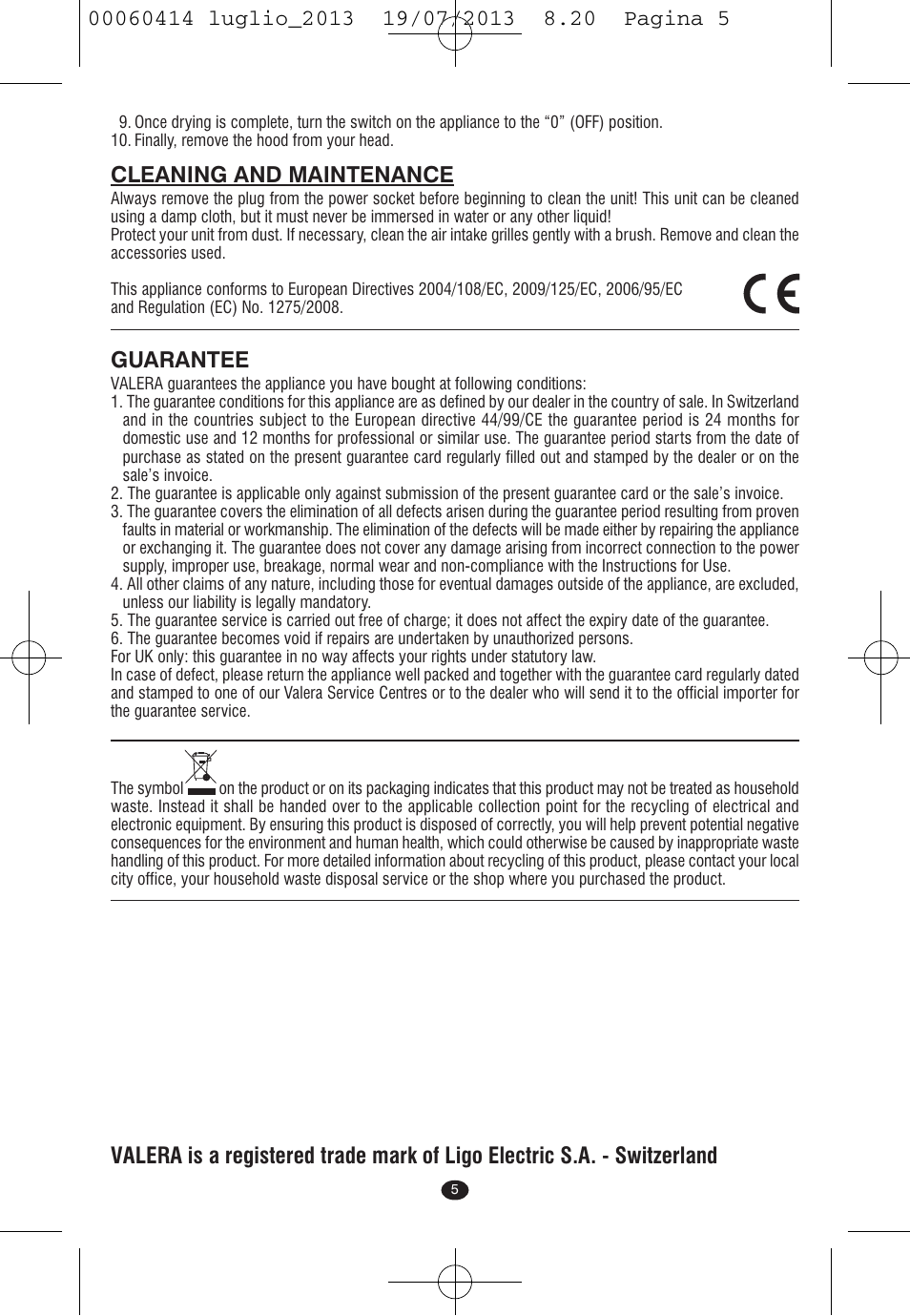 Cleaning and maintenance, Guarantee | VALERA IONIC COMFORT User Manual | Page 5 / 60