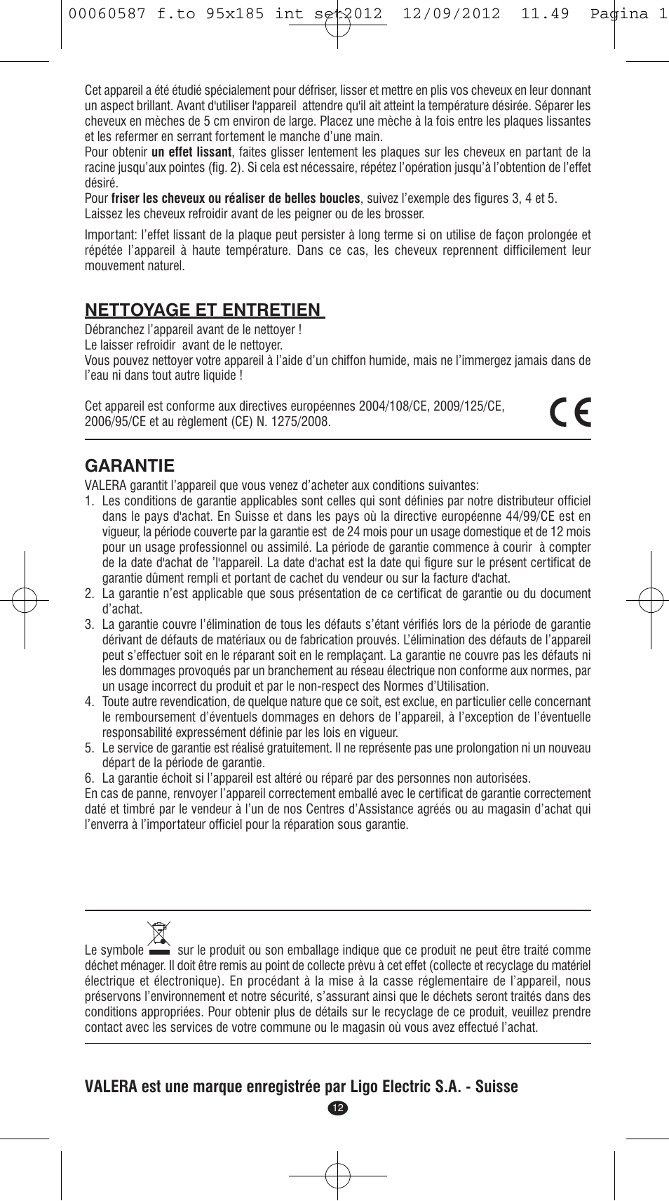 Nettoyage et entretien, Garantie | VALERA SYNTHESIS User Manual | Page 10 / 62