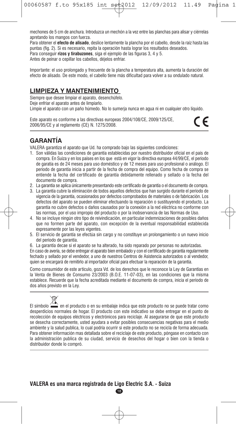 Limpieza y mantenimiento, Garantía | VALERA SYNTHESIS User Manual | Page 16 / 62