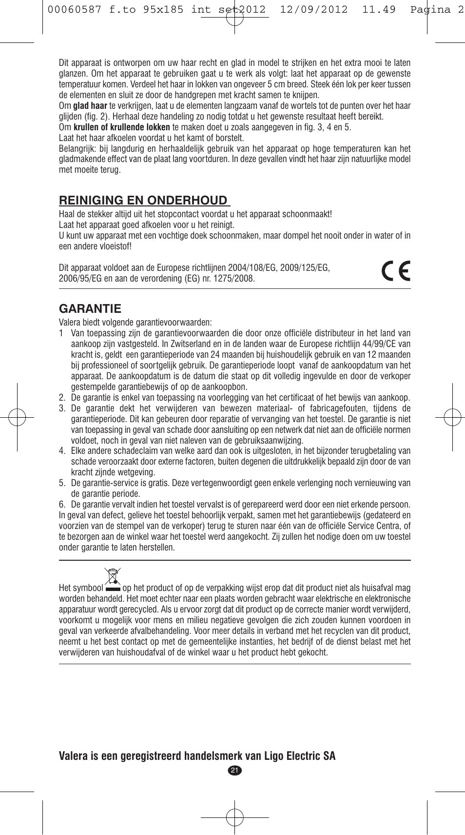 Reiniging en onderhoud, Garantie | VALERA SYNTHESIS User Manual | Page 19 / 62