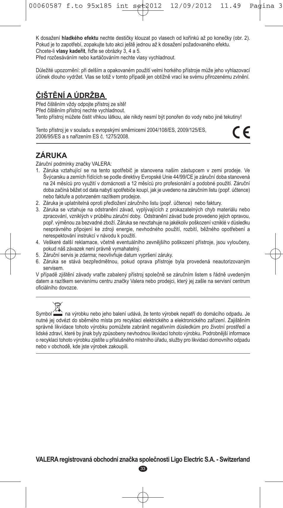 Čištění a údržba, Záruka | VALERA SYNTHESIS User Manual | Page 31 / 62