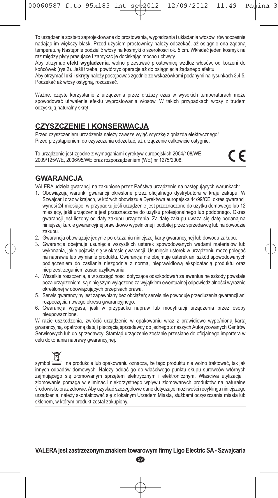 Czyszczenie i konserwacja, Gwarancja | VALERA SYNTHESIS User Manual | Page 37 / 62