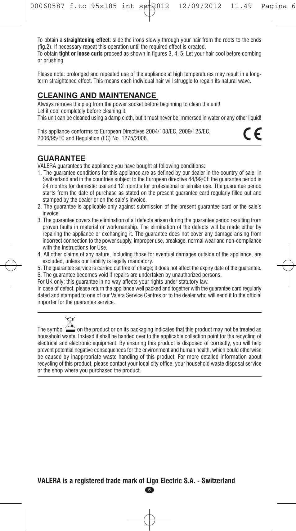 Cleaning and maintenance, Guarantee | VALERA SYNTHESIS User Manual | Page 4 / 62