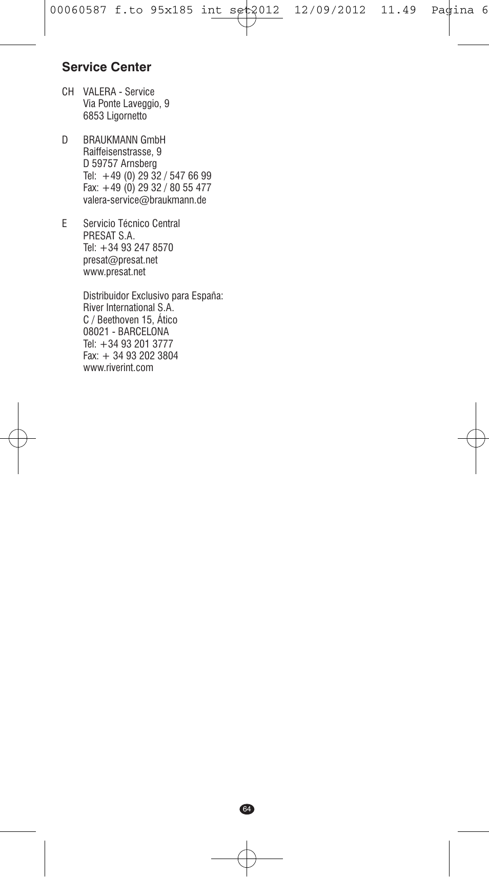 Service center | VALERA SYNTHESIS User Manual | Page 62 / 62