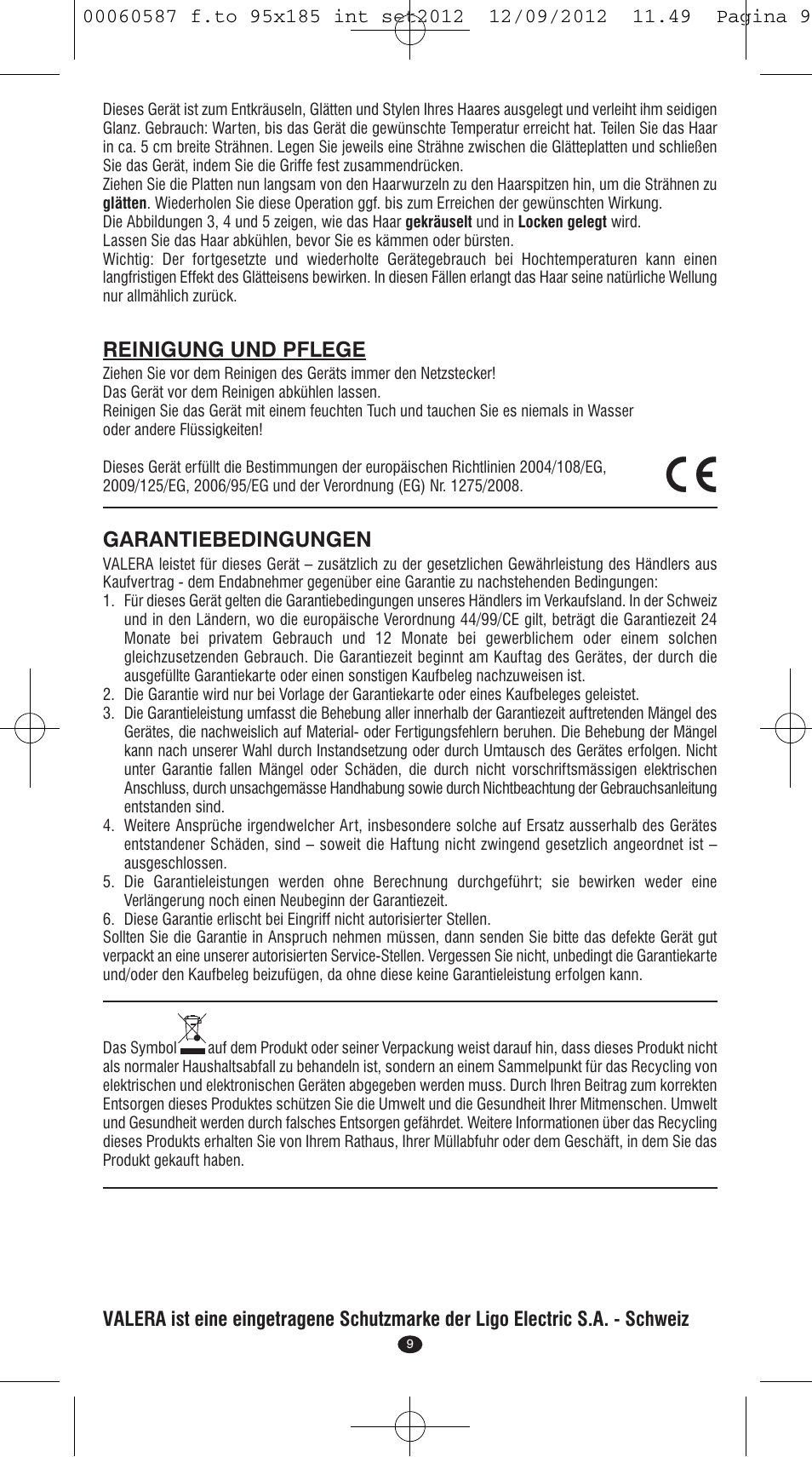 Reinigung und pflege, Garantiebedingungen | VALERA SYNTHESIS User Manual | Page 7 / 62