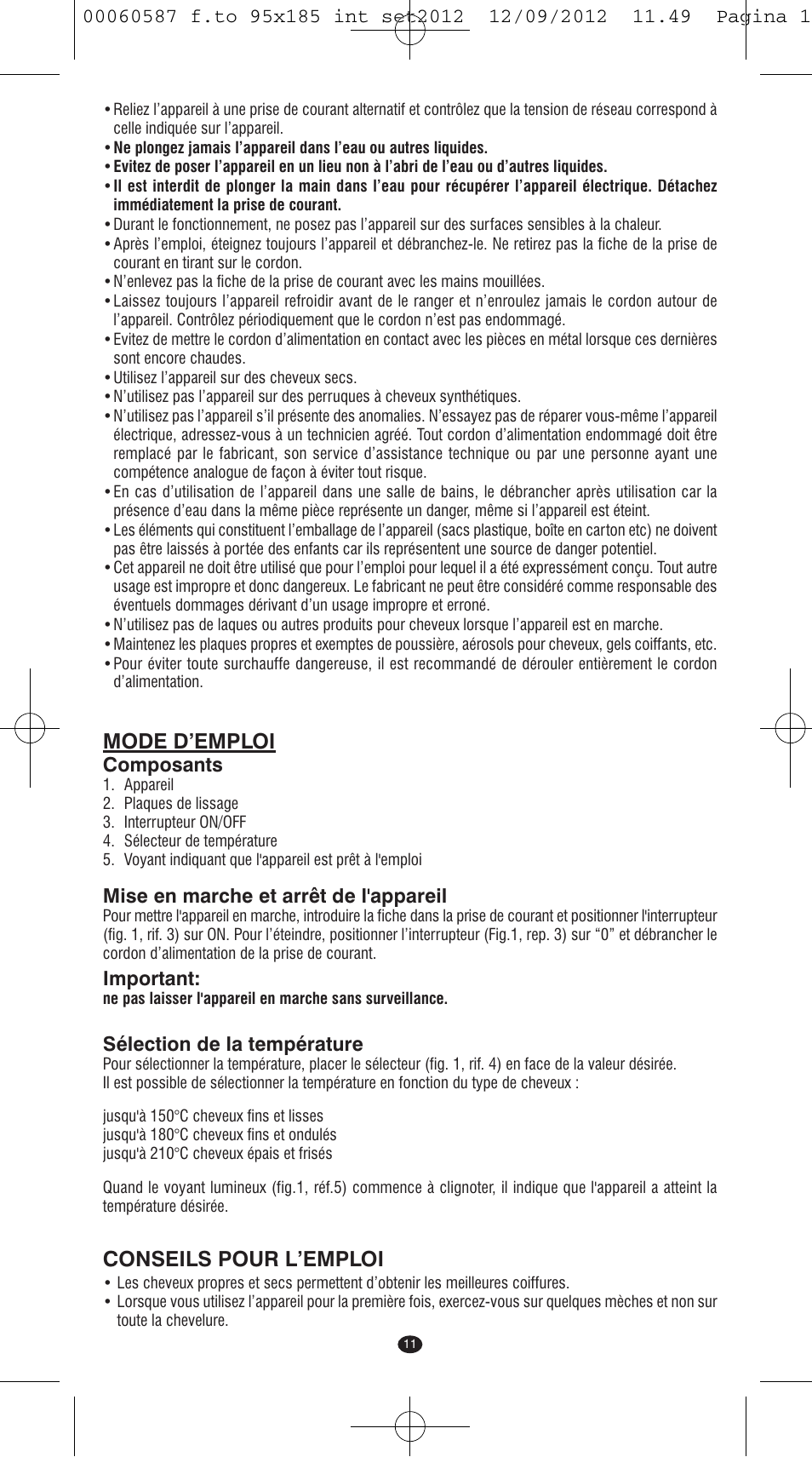 Mode d’emploi, Conseils pour l’emploi | VALERA SYNTHESIS User Manual | Page 9 / 62