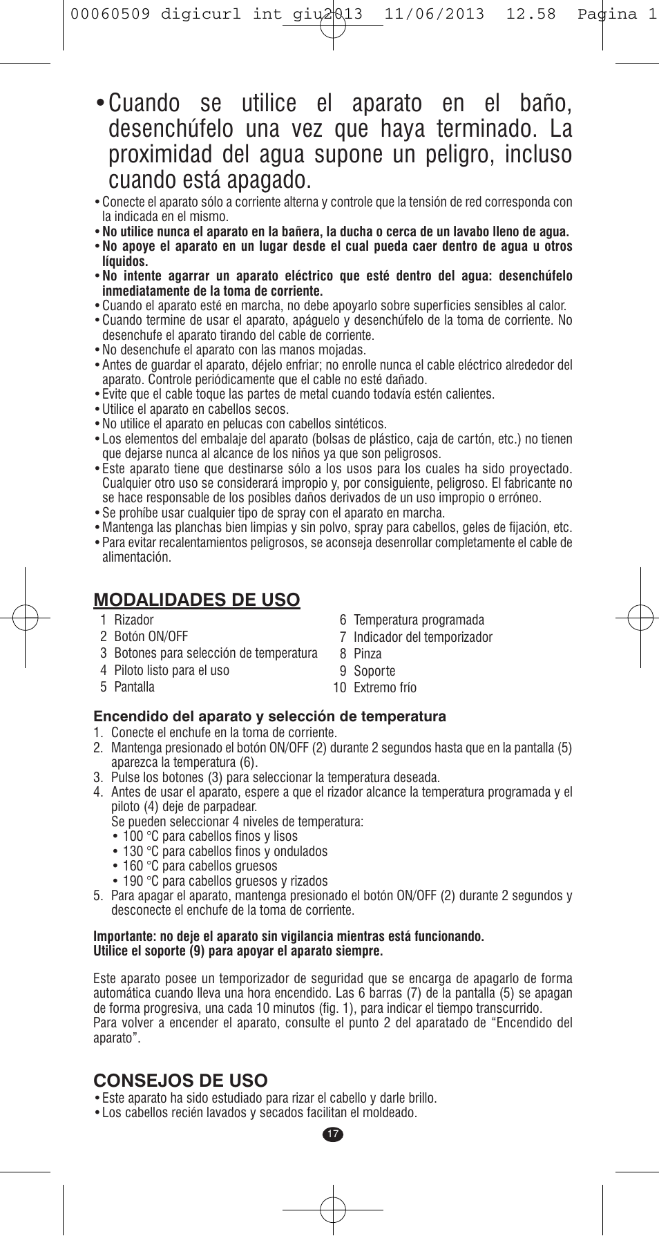 Modalidades de uso, Consejos de uso | VALERA DIGICURL User Manual | Page 15 / 74