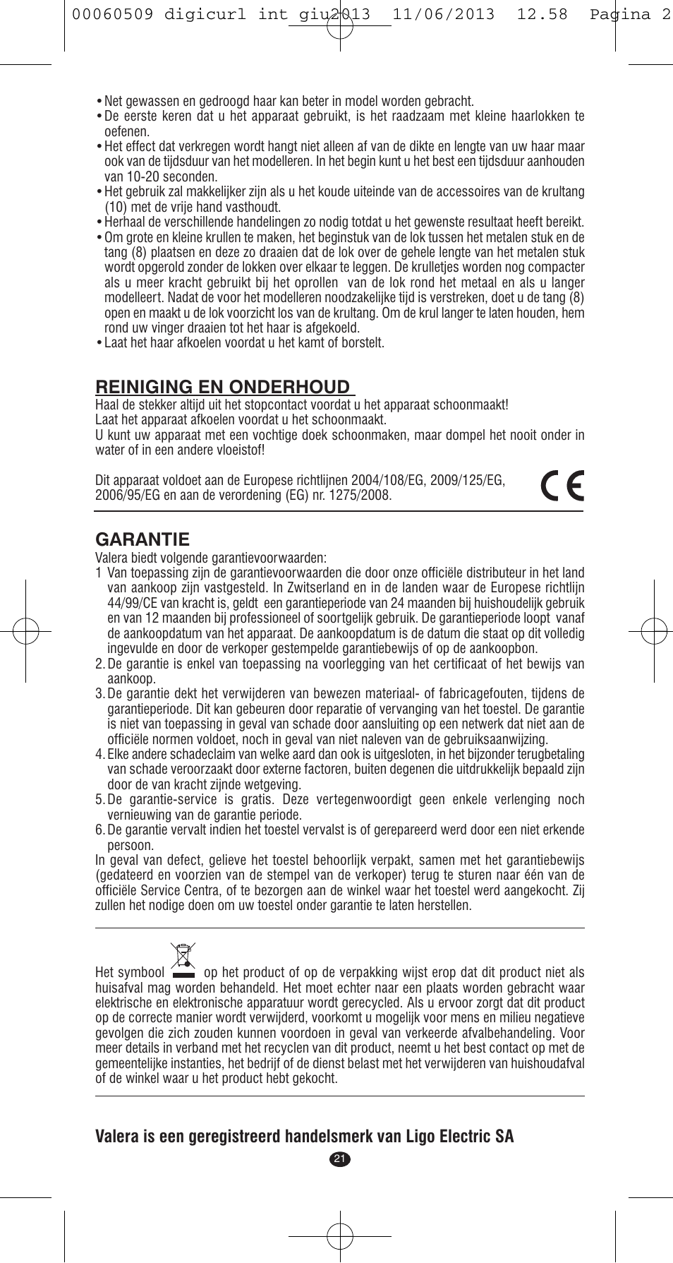 Reiniging en onderhoud, Garantie | VALERA DIGICURL User Manual | Page 19 / 74