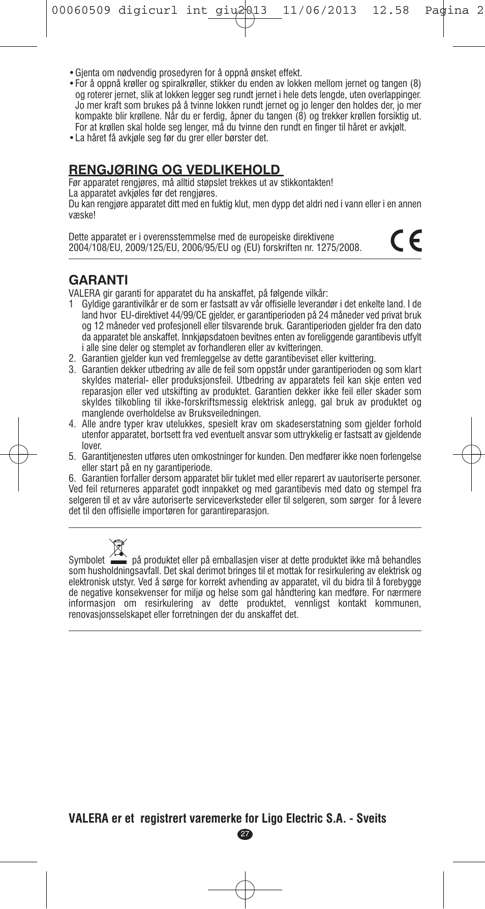 Rengjøring og vedlikehold, Garanti | VALERA DIGICURL User Manual | Page 25 / 74