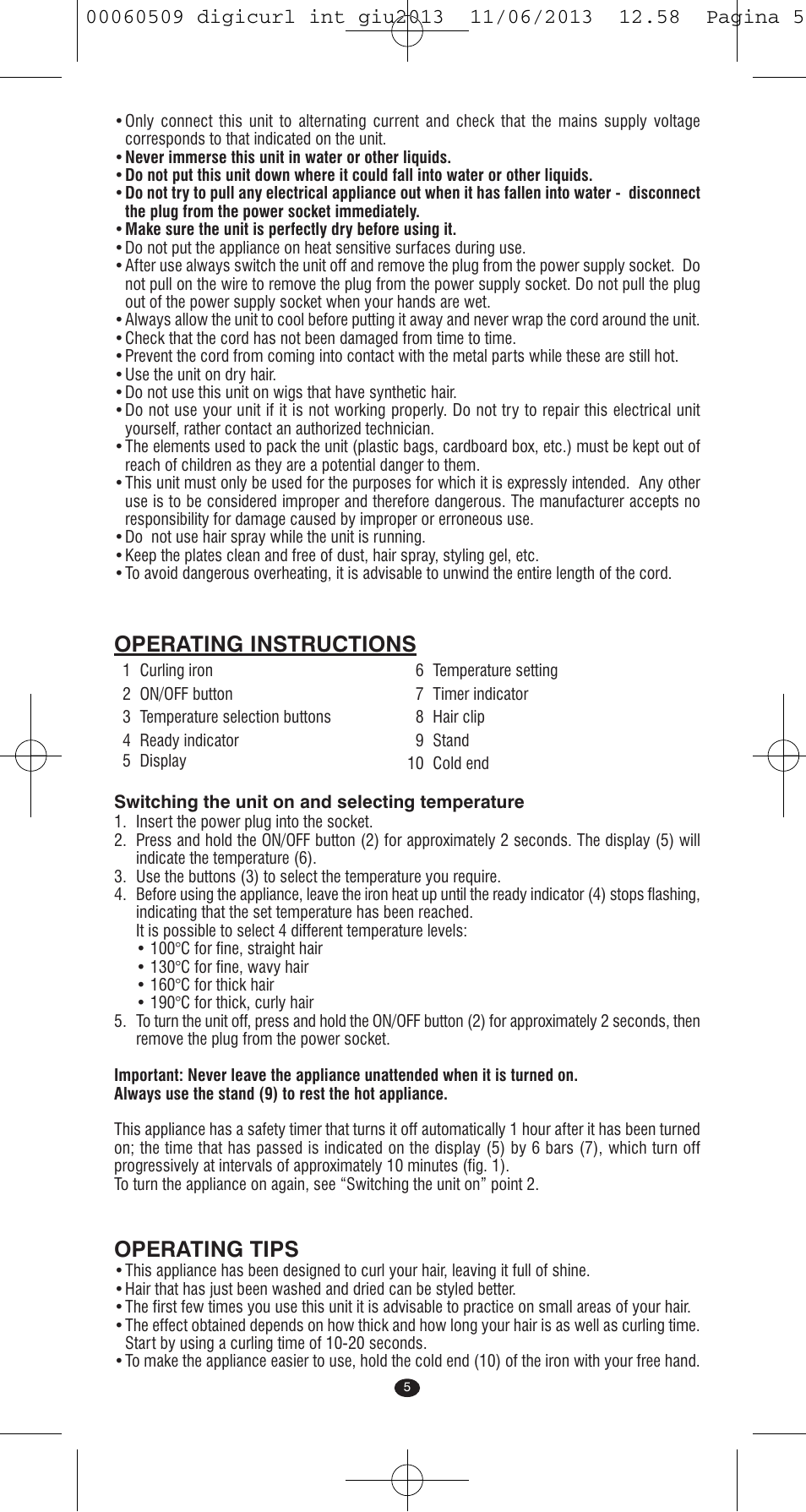 Operating instructions, Operating tips | VALERA DIGICURL User Manual | Page 3 / 74