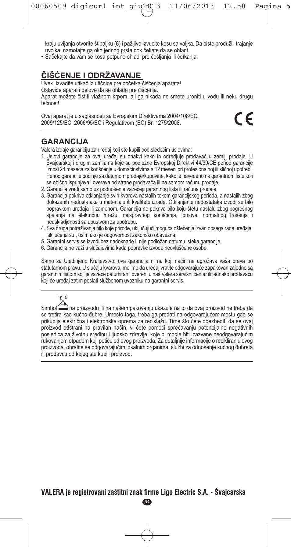 Čišćenje i održavanje, Garancija | VALERA DIGICURL User Manual | Page 52 / 74
