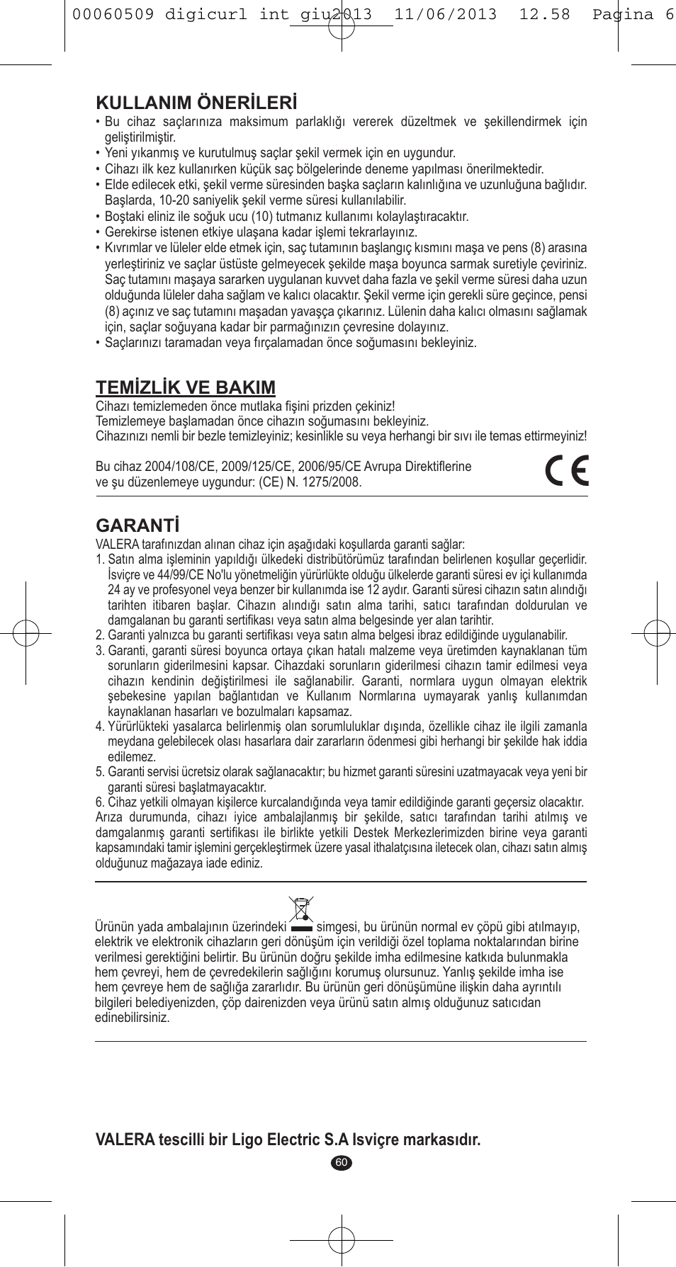 Kullanim önerileri, Temizlik ve bakim, Garanti | VALERA DIGICURL User Manual | Page 58 / 74