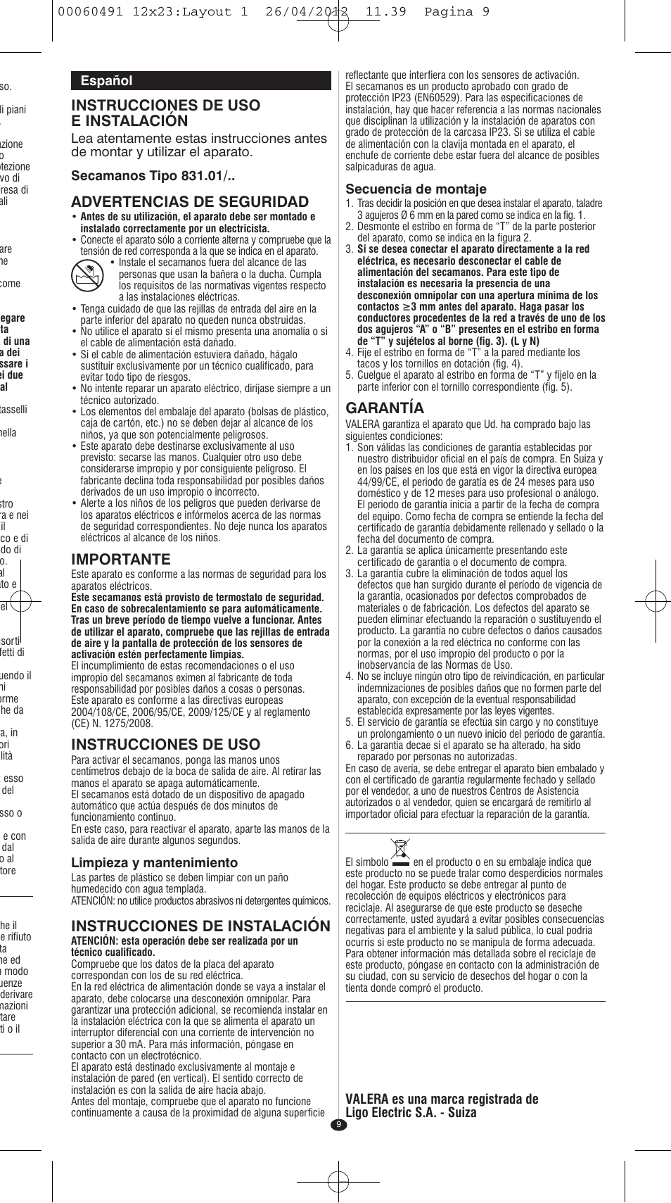 Instrucciones de uso e instalación, Advertencias de seguridad, Importante | Instrucciones de uso, Instrucciones de instalación, Garantía, Limpieza y mantenimiento, Español, Secuencia de montaje | VALERA HANDY SILVER User Manual | Page 5 / 18