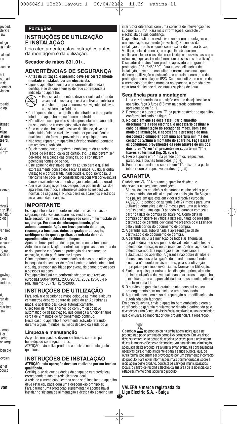 Instruções de utilização e instalação, Advertências de segurança, Importante | Instruções de utilização, Instruções de instalação, Garantía | VALERA HANDY SILVER User Manual | Page 7 / 18