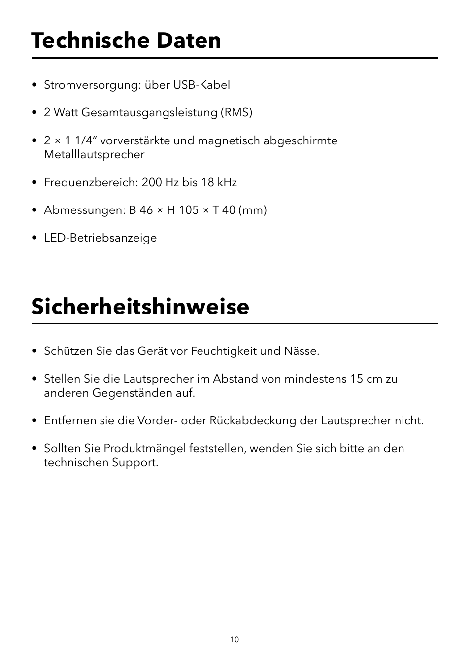 Technische daten, Sicherheitshinweise | Verbatim Portable USB Speaker System User Manual | Page 11 / 48