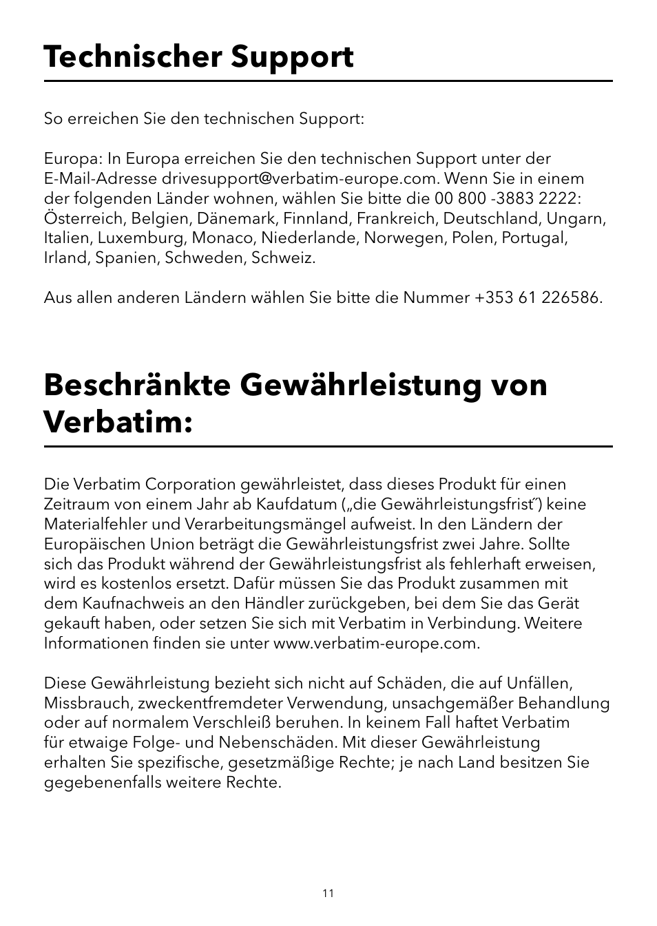 Beschränkte gewährleistung von verbatim, Technischer support | Verbatim Portable USB Speaker System User Manual | Page 12 / 48