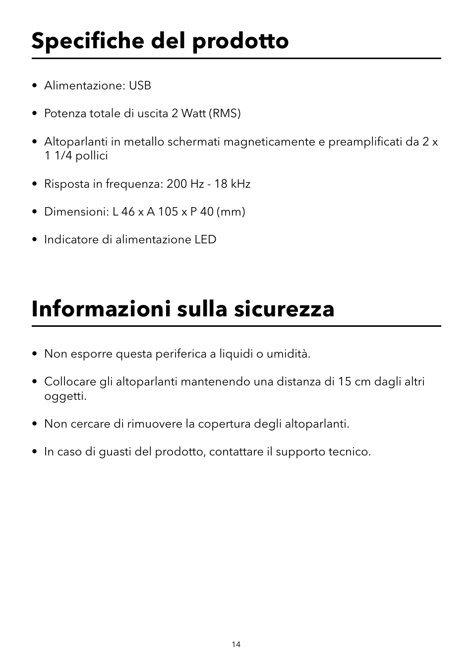 Speciﬁ che del prodotto, Informazioni sulla sicurezza | Verbatim Portable USB Speaker System User Manual | Page 15 / 48