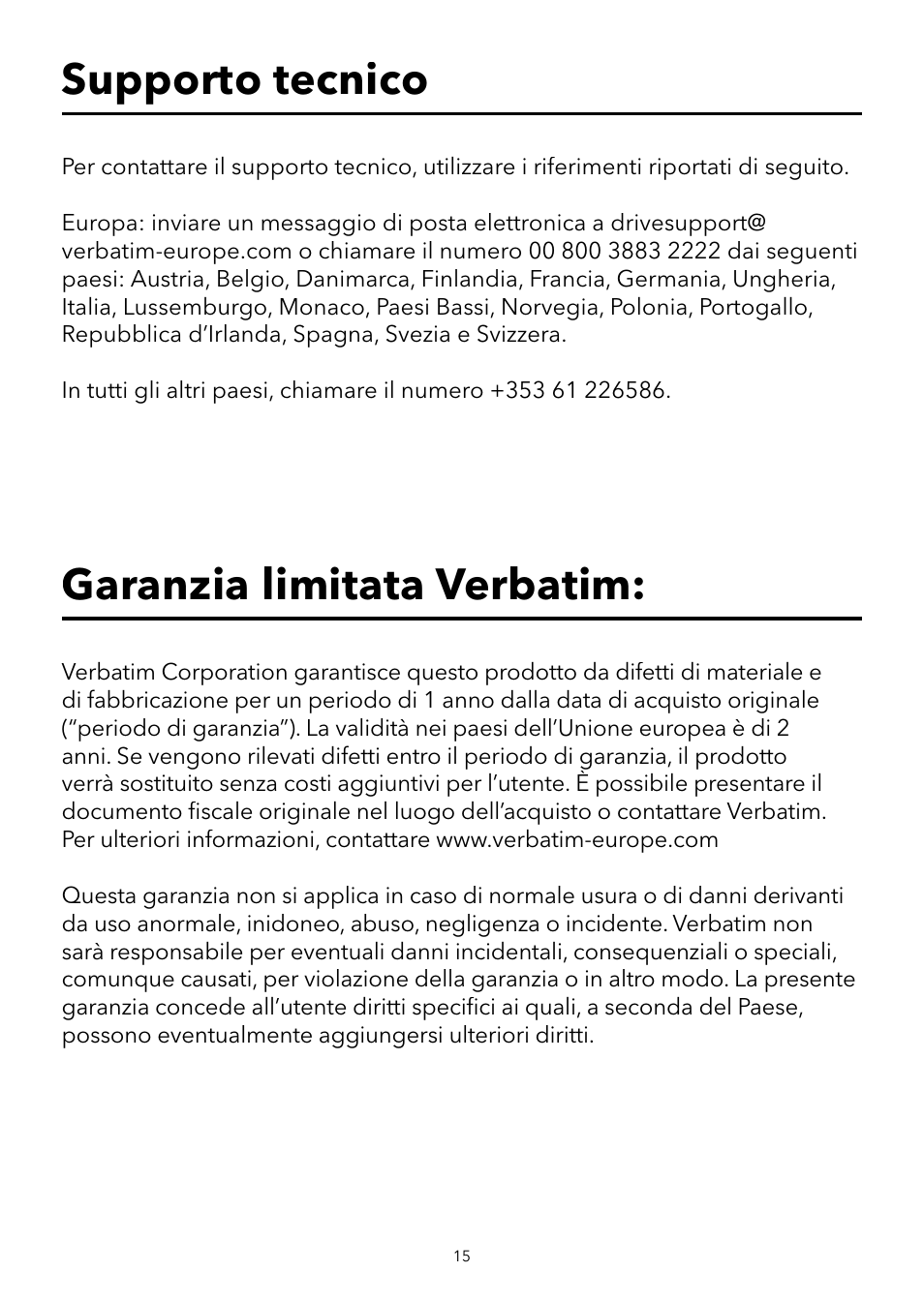 Garanzia limitata verbatim, Supporto tecnico | Verbatim Portable USB Speaker System User Manual | Page 16 / 48