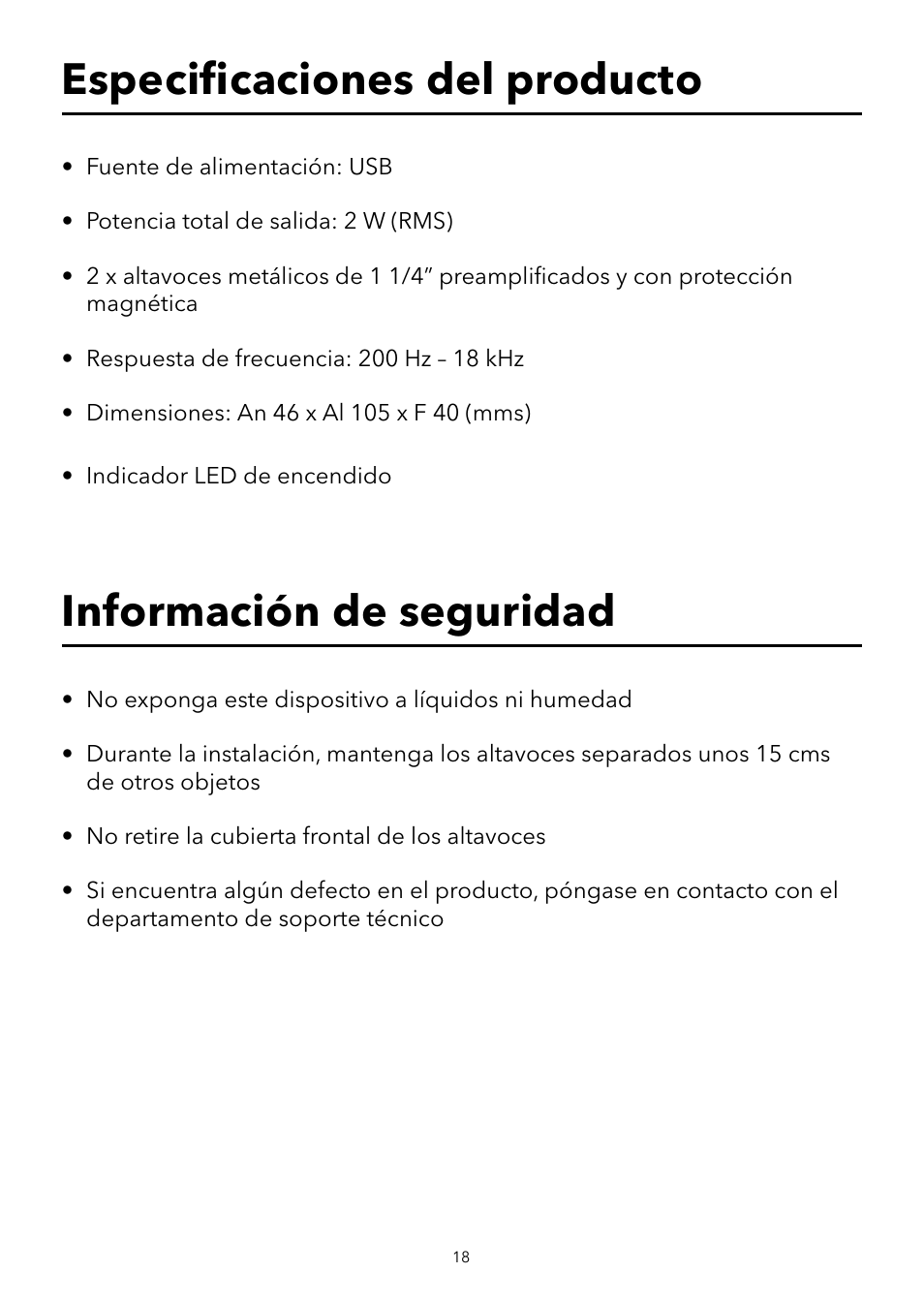 Especiﬁ caciones del producto, Información de seguridad | Verbatim Portable USB Speaker System User Manual | Page 19 / 48