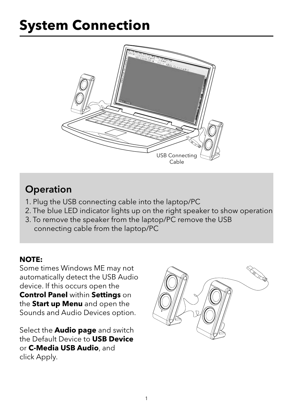 System connection, Operation | Verbatim Portable USB Speaker System User Manual | Page 2 / 48