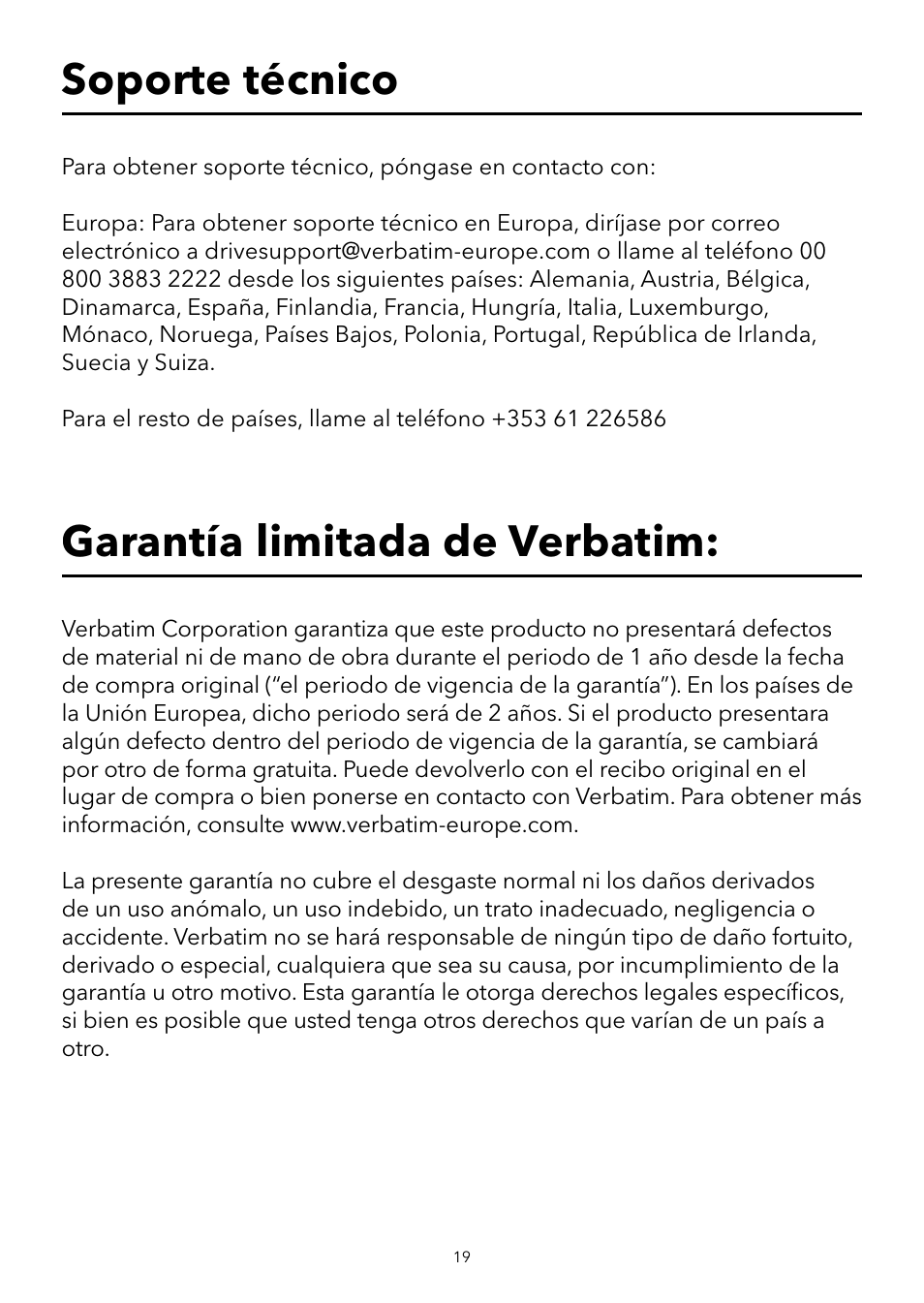 Garantía limitada de verbatim, Soporte técnico | Verbatim Portable USB Speaker System User Manual | Page 20 / 48
