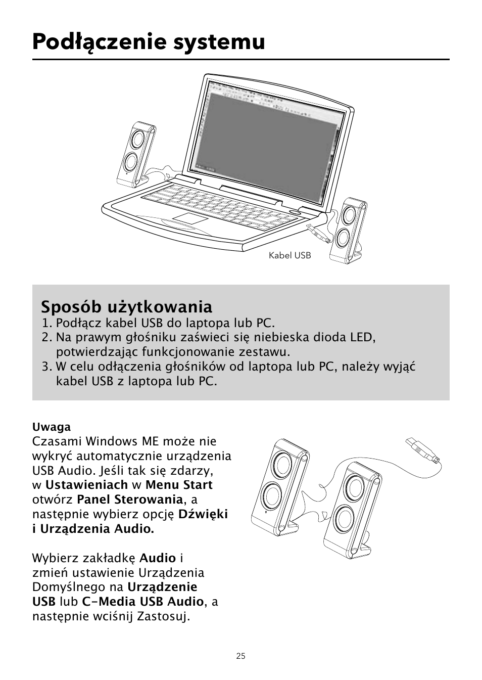 Podłączenie systemu, Sposób użytkowania | Verbatim Portable USB Speaker System User Manual | Page 26 / 48