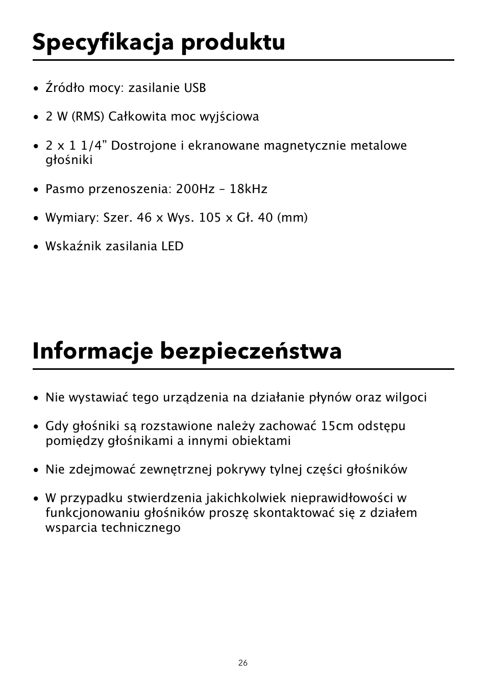 Specyﬁ kacja produktu, Informacje bezpieczeństwa | Verbatim Portable USB Speaker System User Manual | Page 27 / 48