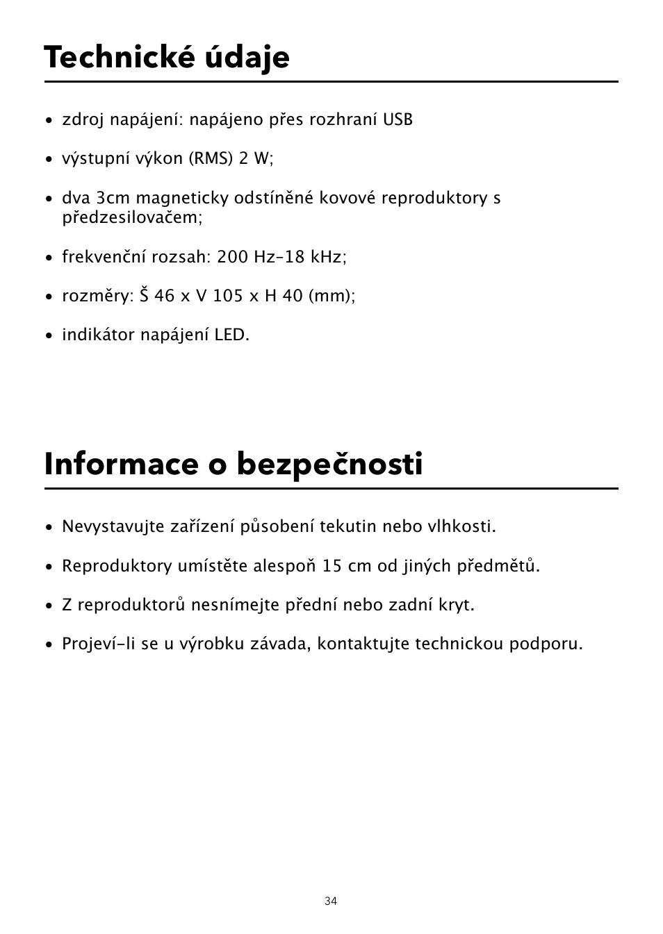 Technické údaje, Informace o bezpečnosti | Verbatim Portable USB Speaker System User Manual | Page 35 / 48