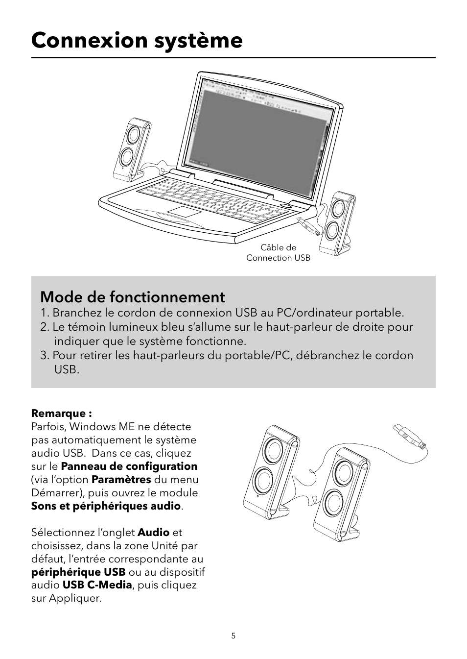 Connexion système, Mode de fonctionnement | Verbatim Portable USB Speaker System User Manual | Page 6 / 48