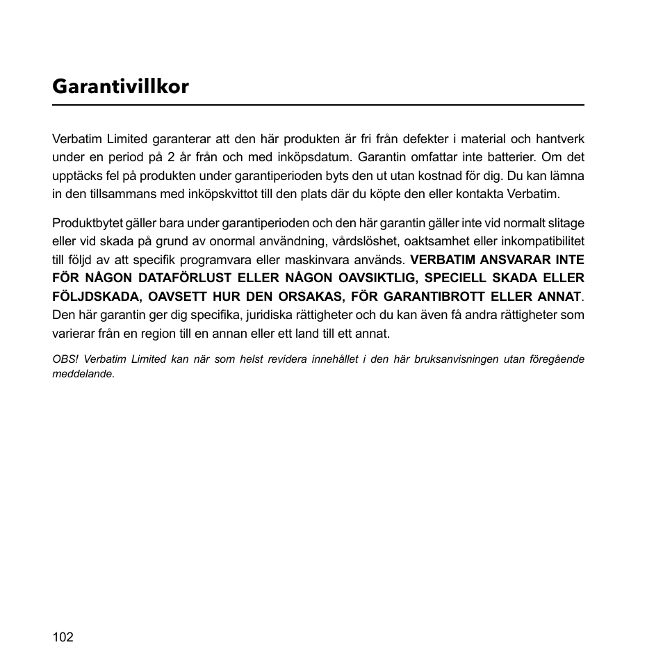 Garantivillkor | Verbatim External Hard Drive USB 2.0 2TB User Manual | Page 102 / 116