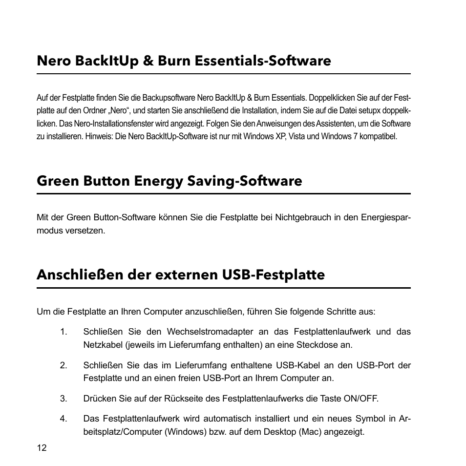 Nero backitup & burn essentials-software, Green button energy saving-software, Anschließen der externen usb-festplatte | Verbatim External Hard Drive USB 2.0 2TB User Manual | Page 12 / 116