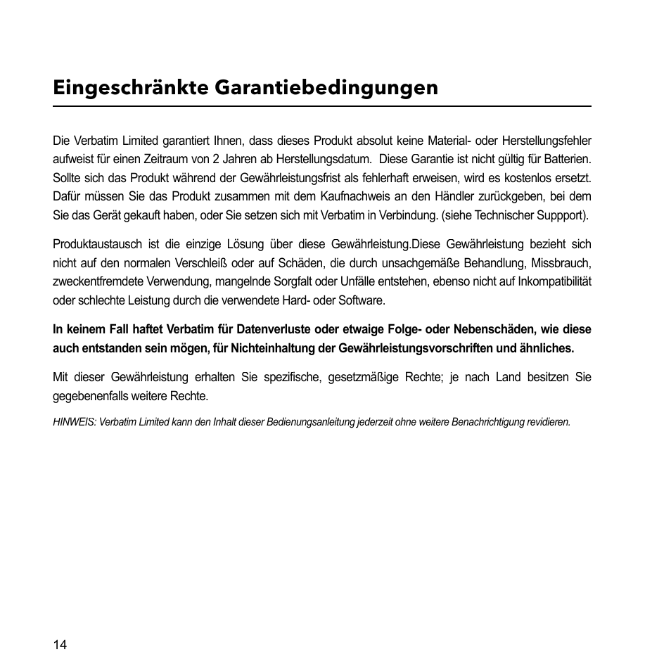 Eingeschränkte garantiebedingungen | Verbatim External Hard Drive USB 2.0 2TB User Manual | Page 14 / 116