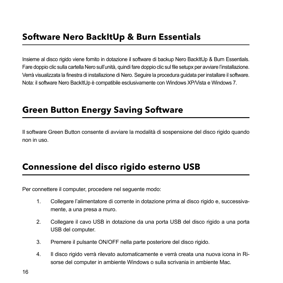 Software nero backitup & burn essentials, Green button energy saving software, Connessione del disco rigido esterno usb | Verbatim External Hard Drive USB 2.0 2TB User Manual | Page 16 / 116