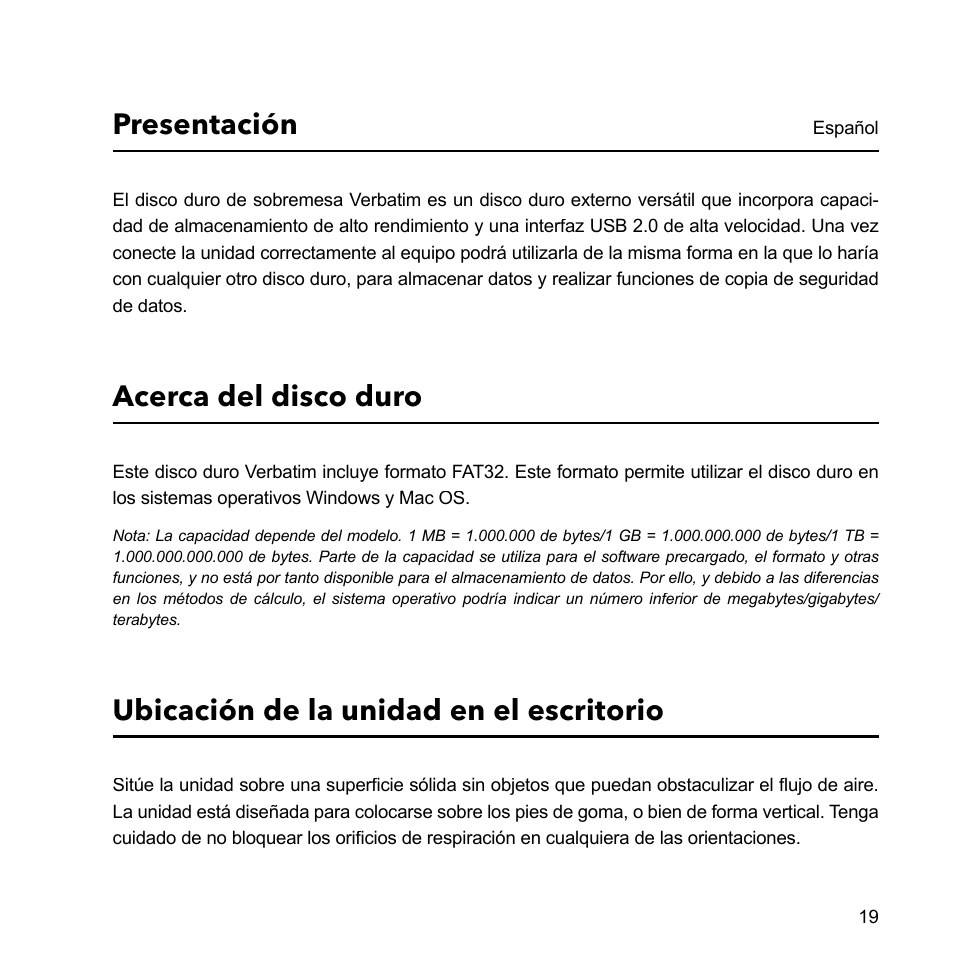 Presentación, Acerca del disco duro, Ubicación de la unidad en el escritorio | Verbatim External Hard Drive USB 2.0 2TB User Manual | Page 19 / 116