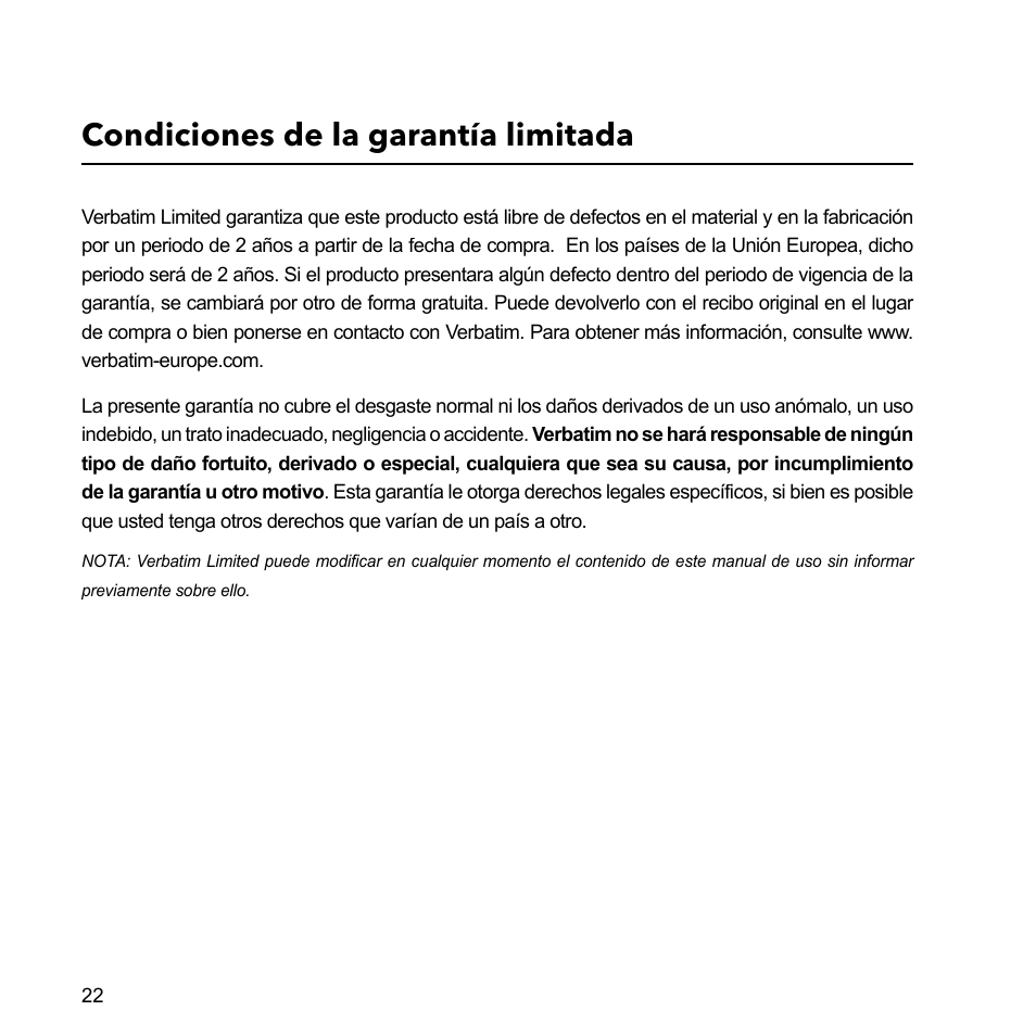 Condiciones de la garantía limitada | Verbatim External Hard Drive USB 2.0 2TB User Manual | Page 22 / 116