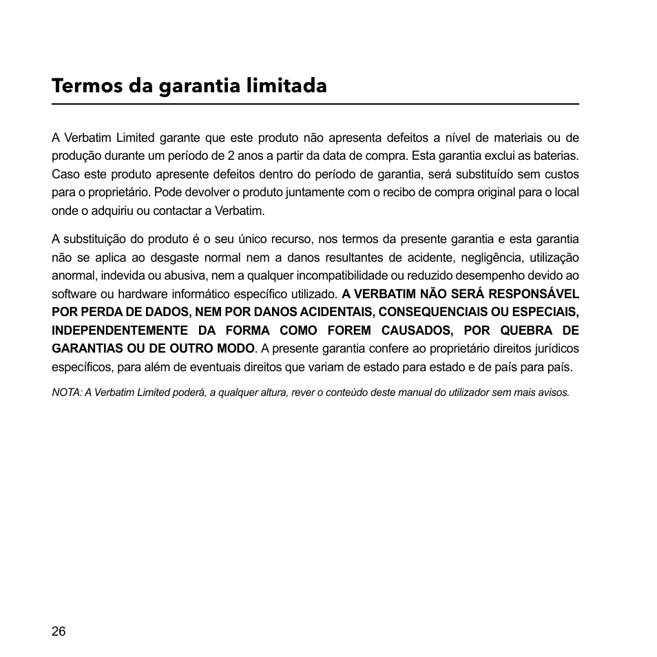 Termos da garantia limitada | Verbatim External Hard Drive USB 2.0 2TB User Manual | Page 26 / 116