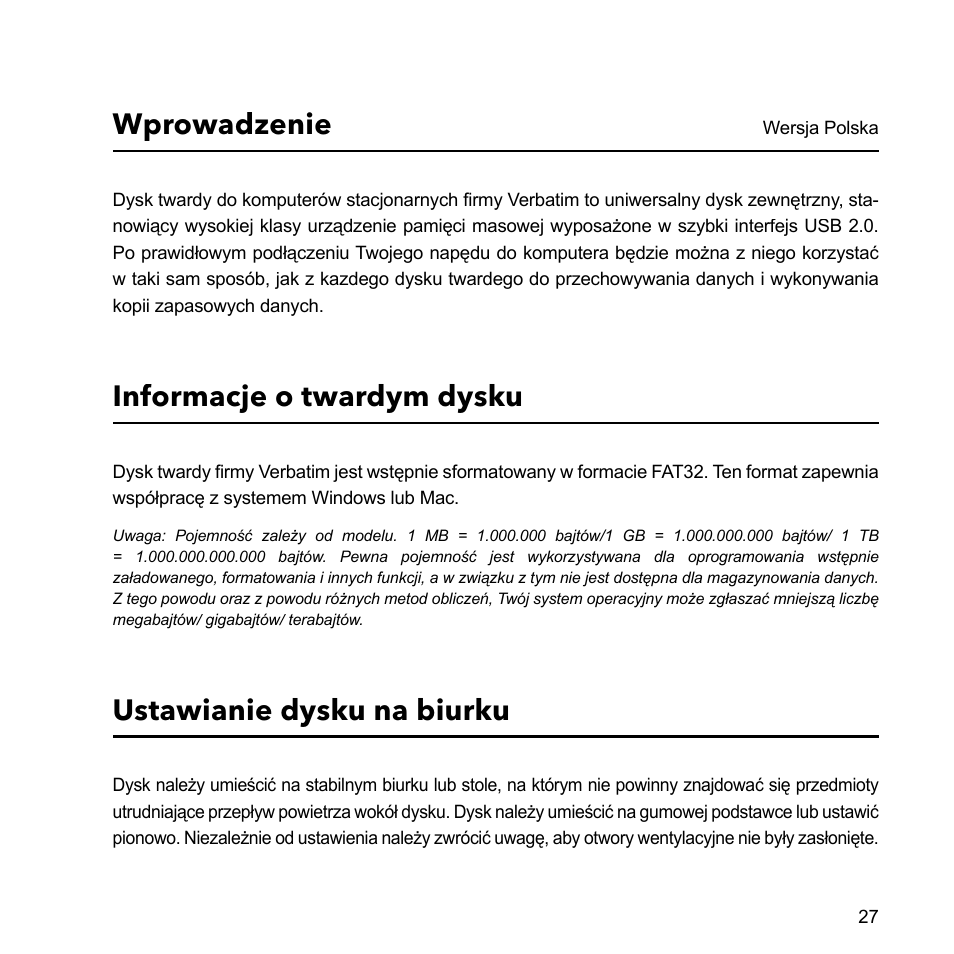 Wprowadzenie, Informacje o twardym dysku, Ustawianie dysku na biurku | Verbatim External Hard Drive USB 2.0 2TB User Manual | Page 27 / 116