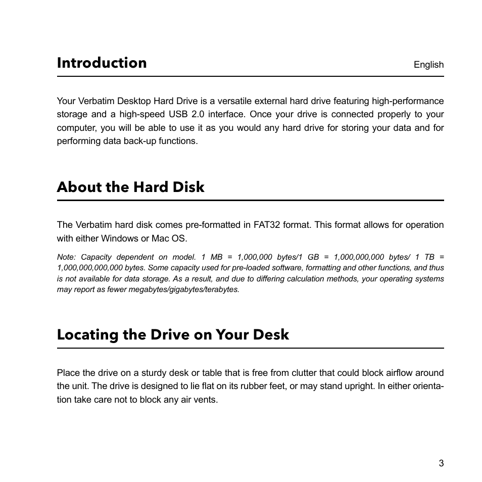 Introduction, About the hard disk, Locating the drive on your desk | Verbatim External Hard Drive USB 2.0 2TB User Manual | Page 3 / 116