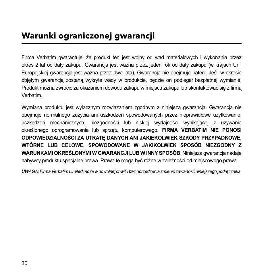 Warunki ograniczonej gwarancji | Verbatim External Hard Drive USB 2.0 2TB User Manual | Page 30 / 116