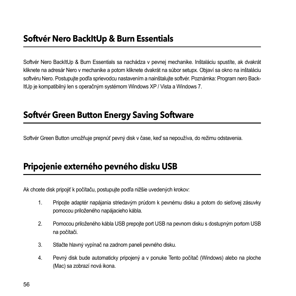 Softvér nero backitup & burn essentials, Softvér green button energy saving software, Pripojenie externého pevného disku usb | Verbatim External Hard Drive USB 2.0 2TB User Manual | Page 56 / 116