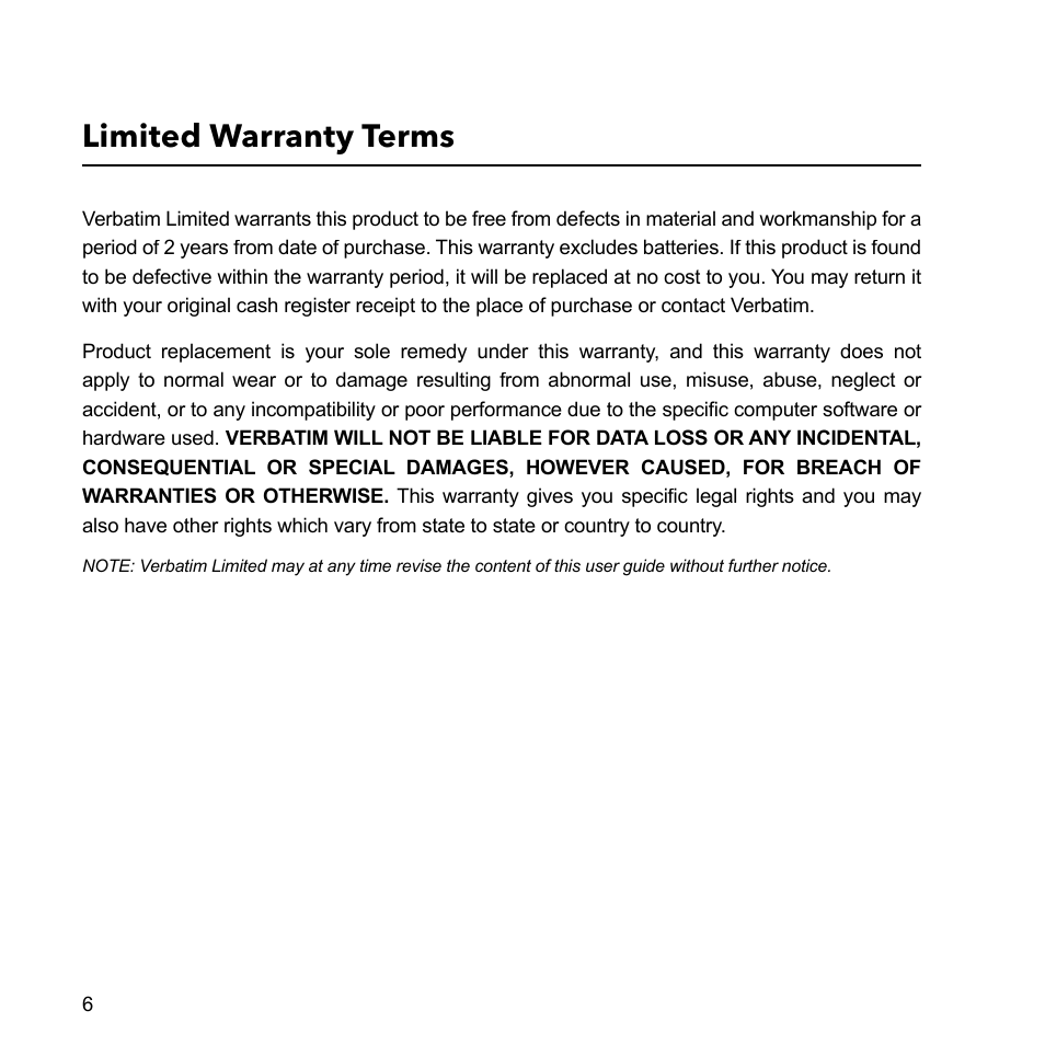 Limited warranty terms | Verbatim External Hard Drive USB 2.0 2TB User Manual | Page 6 / 116