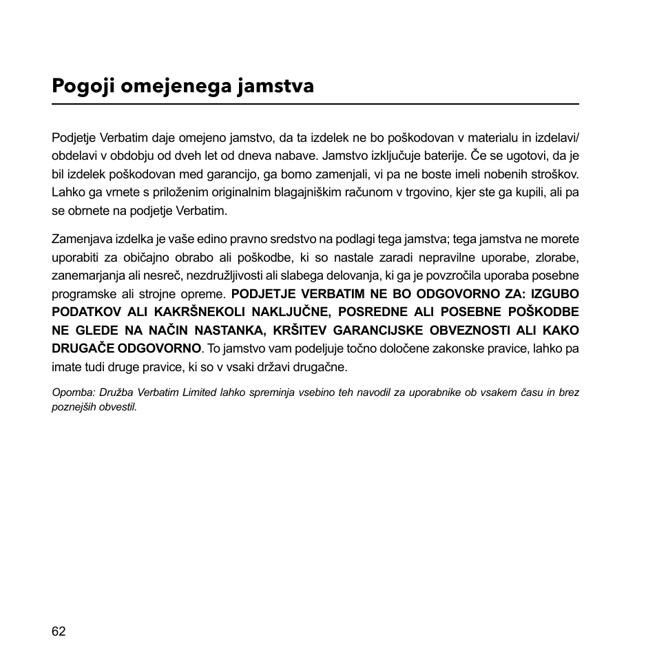 Pogoji omejenega jamstva | Verbatim External Hard Drive USB 2.0 2TB User Manual | Page 62 / 116