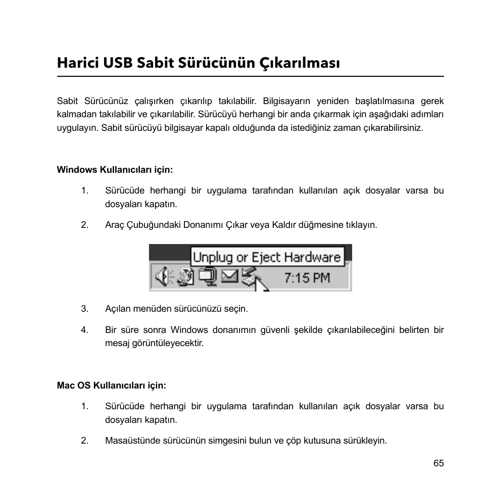 Harici usb sabit sürücünün çıkarılması | Verbatim External Hard Drive USB 2.0 2TB User Manual | Page 65 / 116