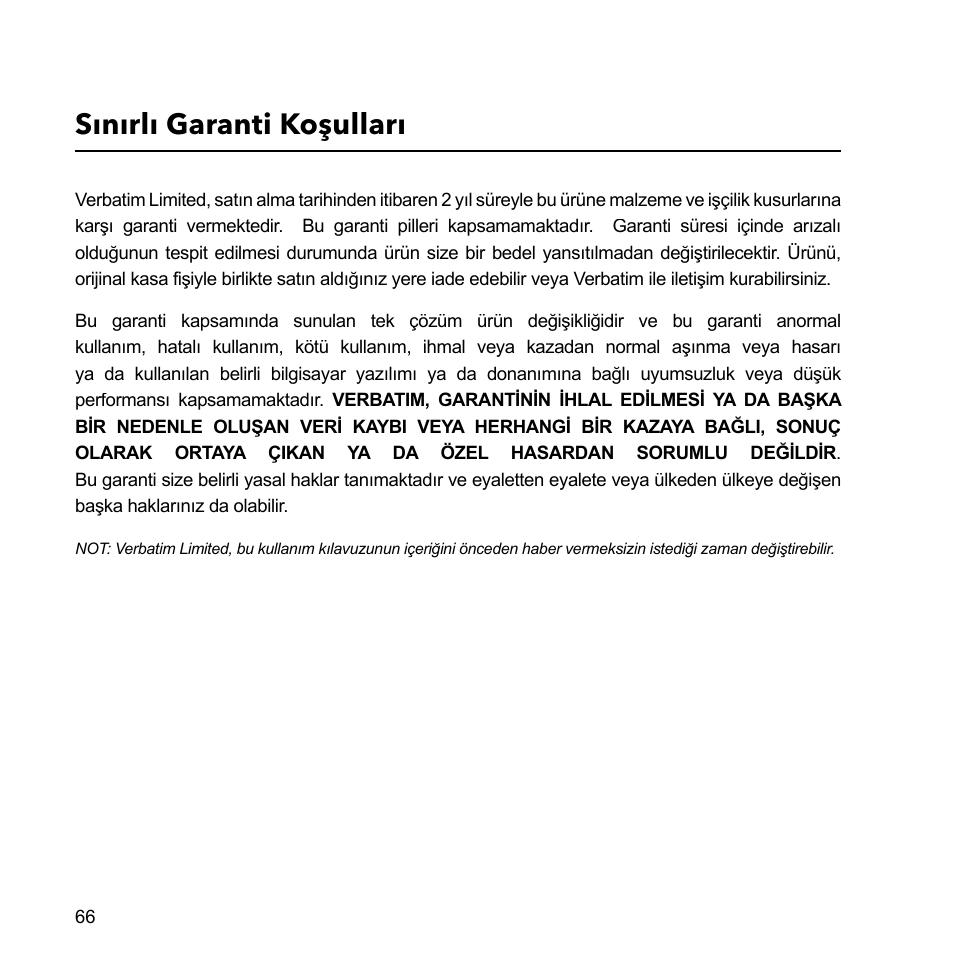 Sınırlı garanti koşulları | Verbatim External Hard Drive USB 2.0 2TB User Manual | Page 66 / 116